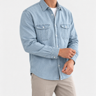Leo casual spring denim shirt in light blue, side worn view