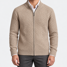 Men's merino wool zip-collar cardigan in camel, front worn view