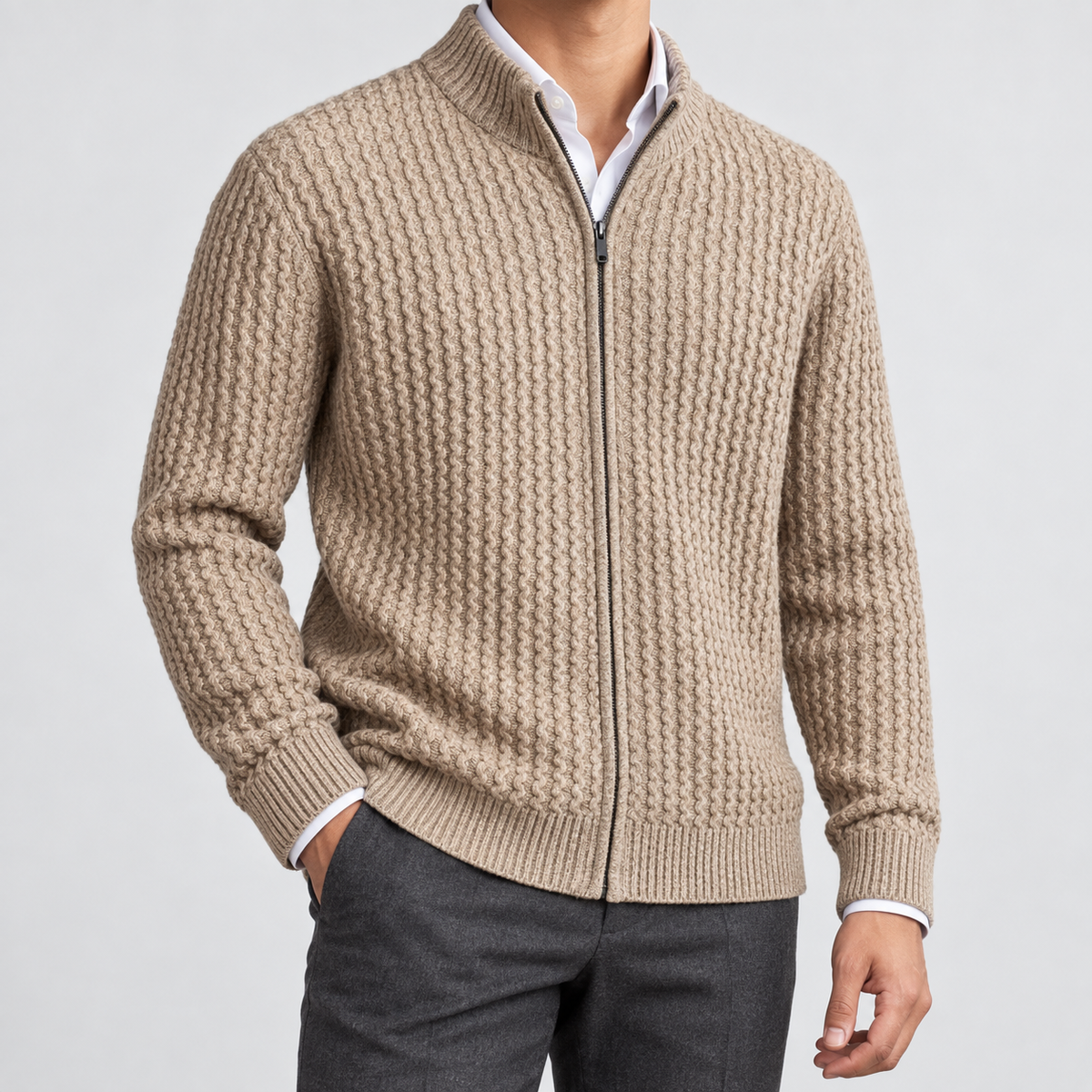 Men's merino wool zip-collar cardigan in camel, side worn view