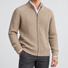 Men's merino wool zip-collar cardigan in camel, side worn view
