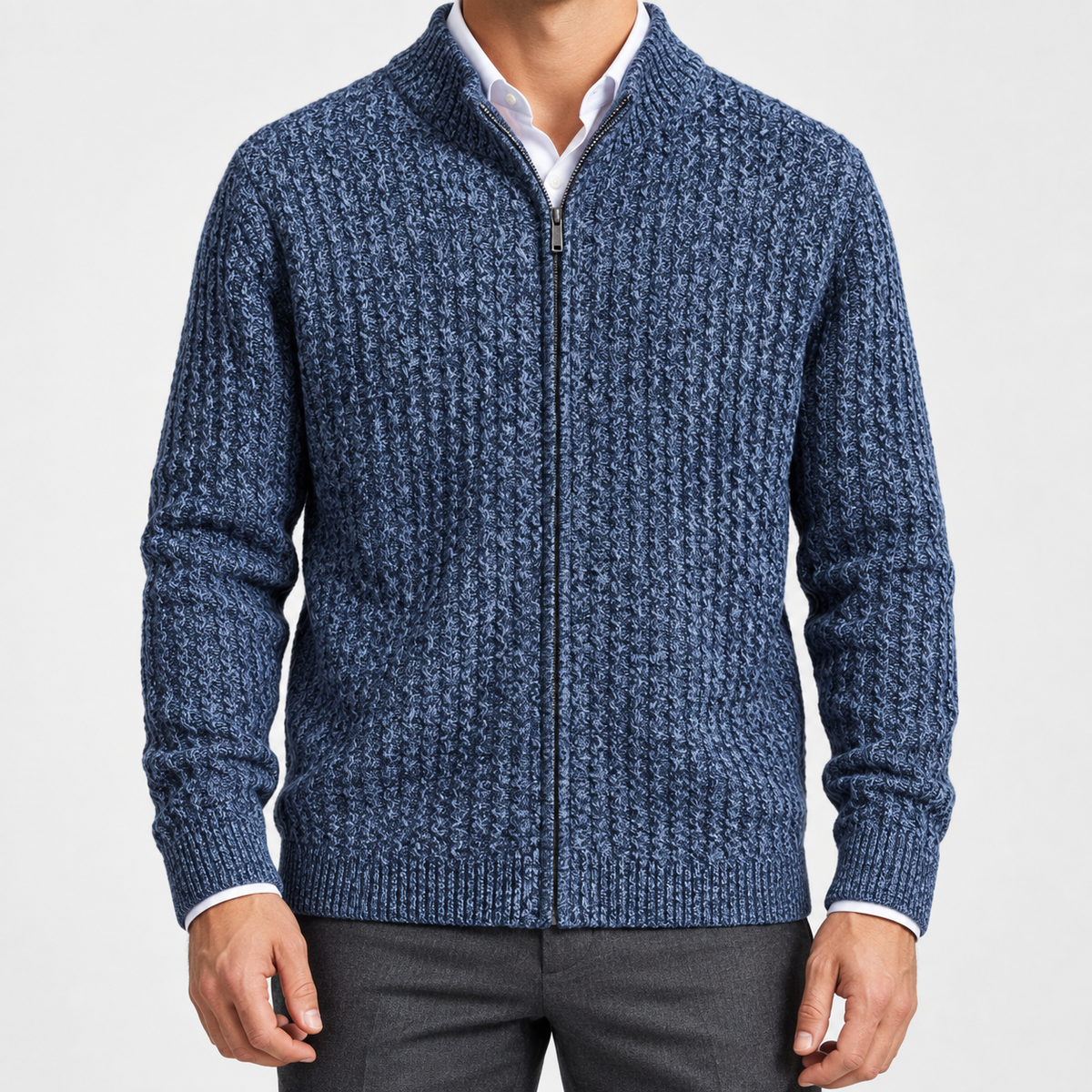 Men's merino wool zip-collar cardigan in blue, front worn view