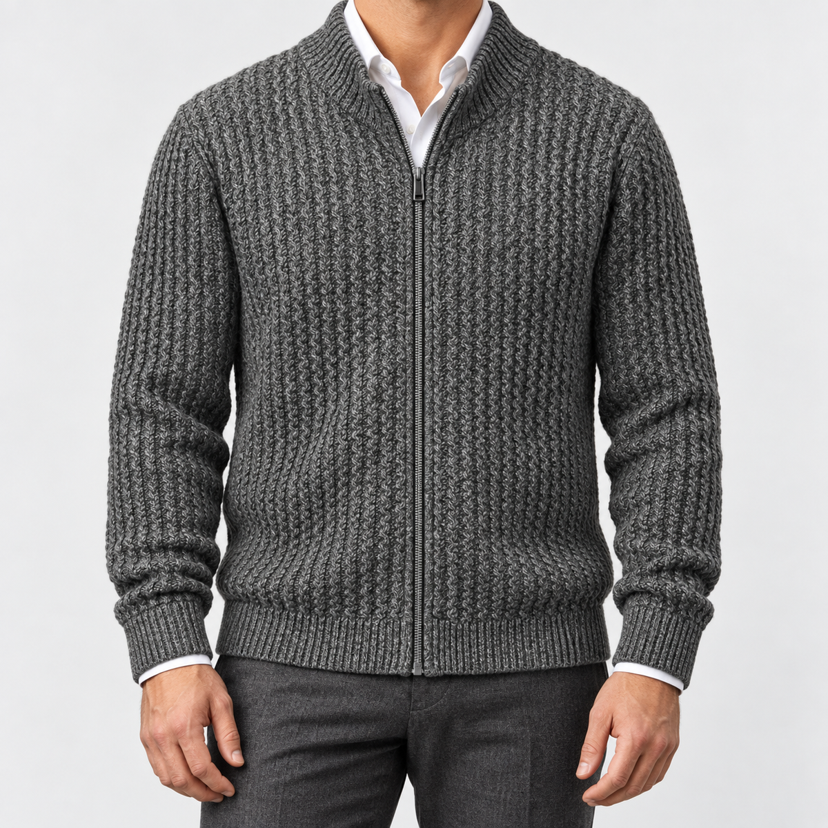 Men's merino wool zip-collar cardigan in dark grey, front worn view