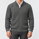 Men's merino wool zip-collar cardigan in dark grey, front worn view