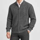 Men's merino wool zip-collar cardigan in dark grey, side worn view