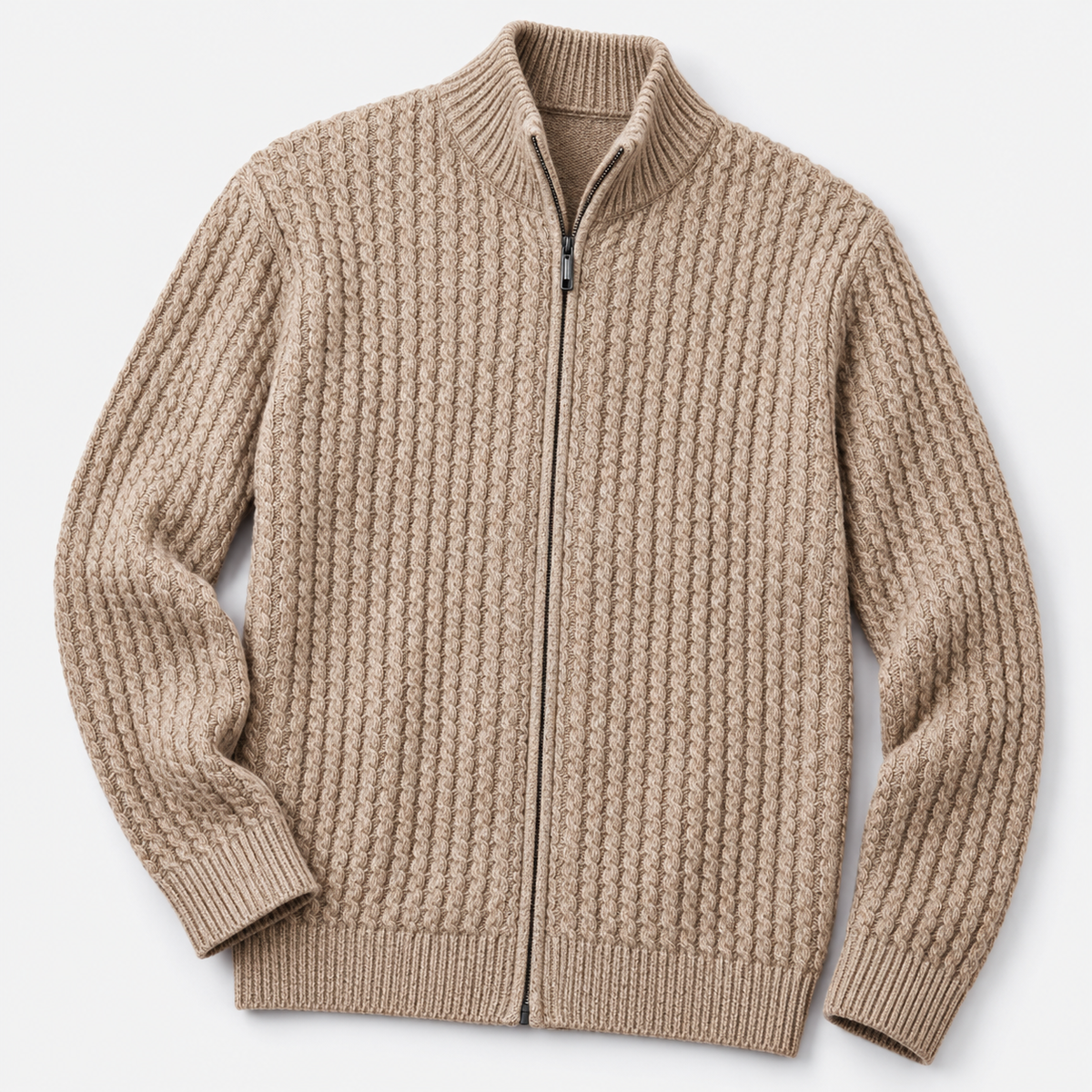 Men's merino wool zip-collar cardigan in camel, product-only cover