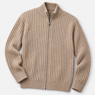 Men's merino wool zip-collar cardigan in camel, product-only cover