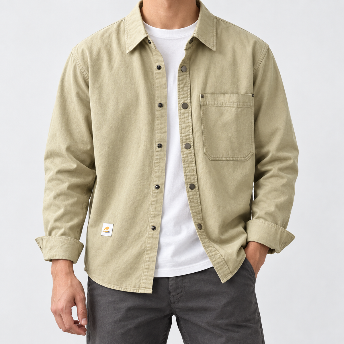 Leo new york casual shirt in khaki, front worn view