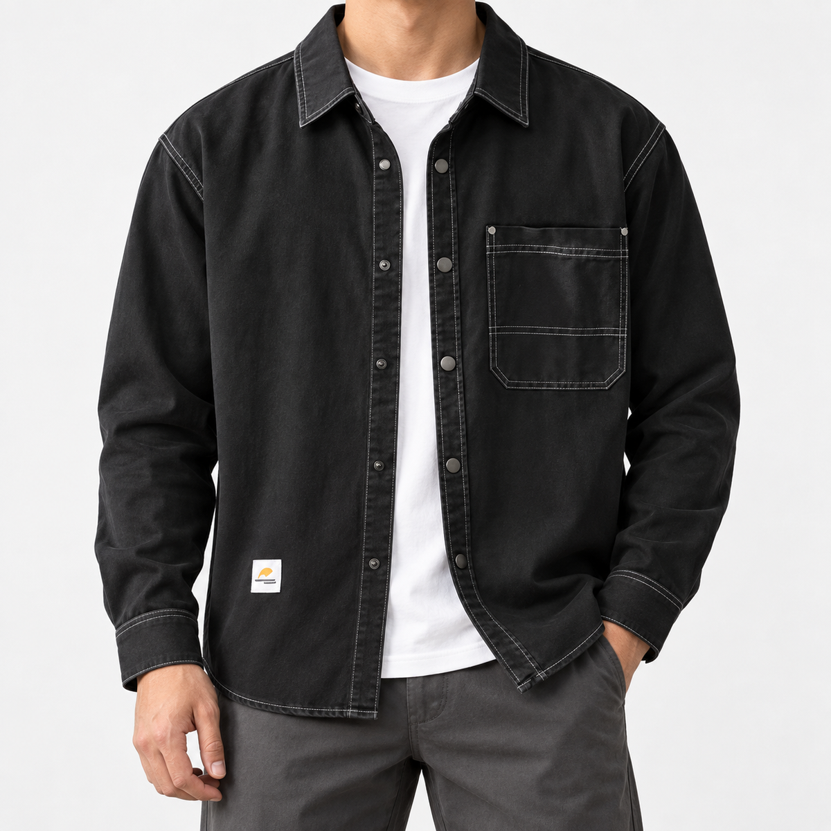 Leo new york casual shirt in black, front worn view