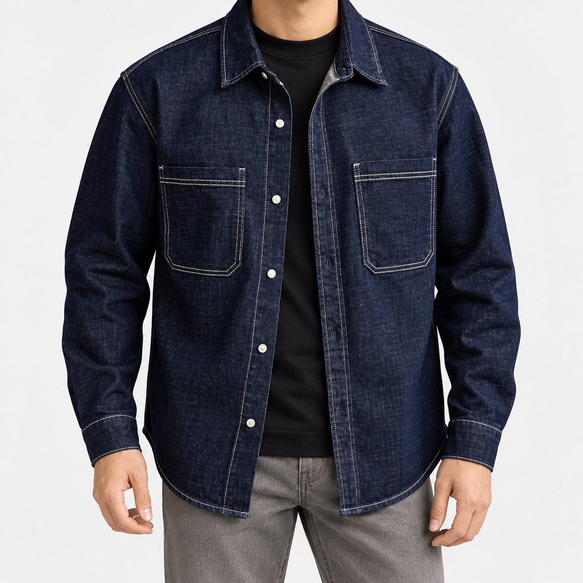 Leo american vintage denim jacket in blue, front worn view