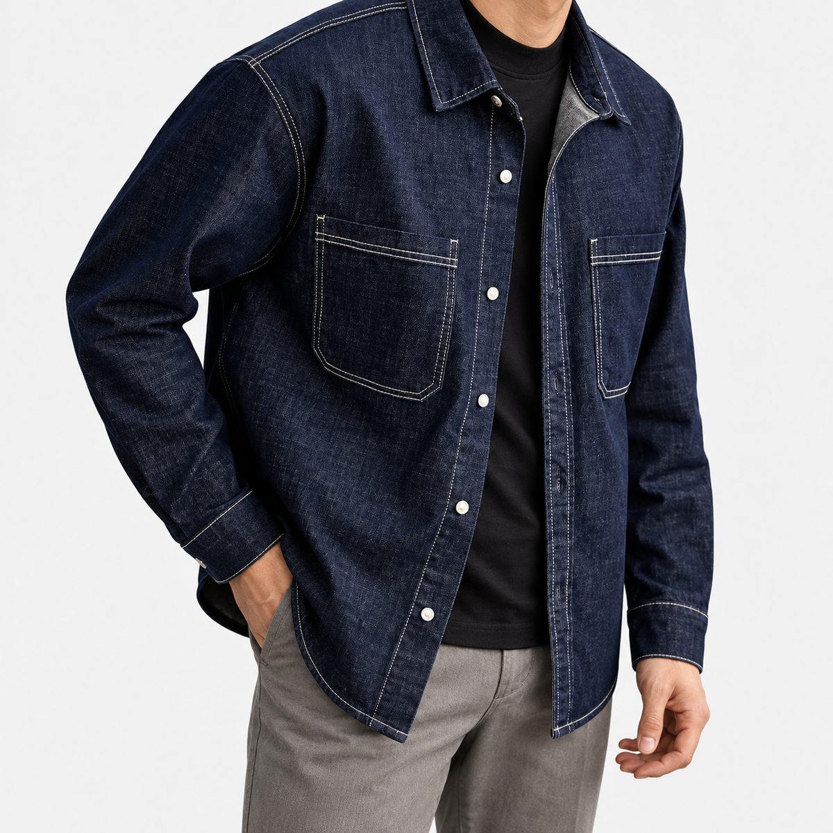 Leo american vintage denim jacket in blue, side worn view