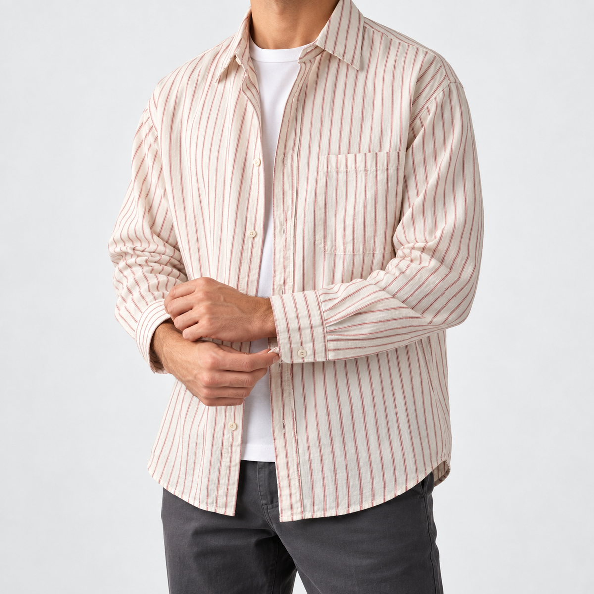 Leo cotton-linen striped shirt in red, side worn view