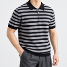 Leo spring knitted polo shirt in black, side worn view