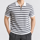 Leo spring knitted polo shirt in gray, front worn view