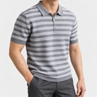 Leo spring knitted polo shirt in white, side worn view