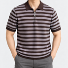 Leo spring knitted polo shirt in brown, front worn view