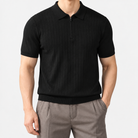 Leo spring business polo shirt in black, front worn view