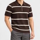 Leo striped zip polo shirt in brown, side worn view
