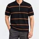 Leo striped zip polo shirt in black, front worn view