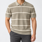 Leo striped zip polo shirt in khaki, front worn view