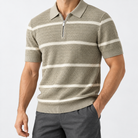 Leo striped zip polo shirt in khaki, side worn view