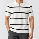 Leo striped zip polo shirt in white, front worn view