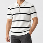 Leo striped zip polo shirt in white, side worn view