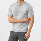 Leo summer striped polo shirt in gray, side worn view