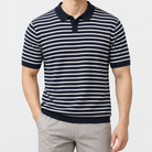 Leo summer striped polo shirt in navy blue, front worn view