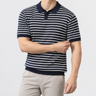 Leo summer striped polo shirt in navy blue, side worn view