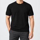 Leo business striped design t-shirt in black, front worn view