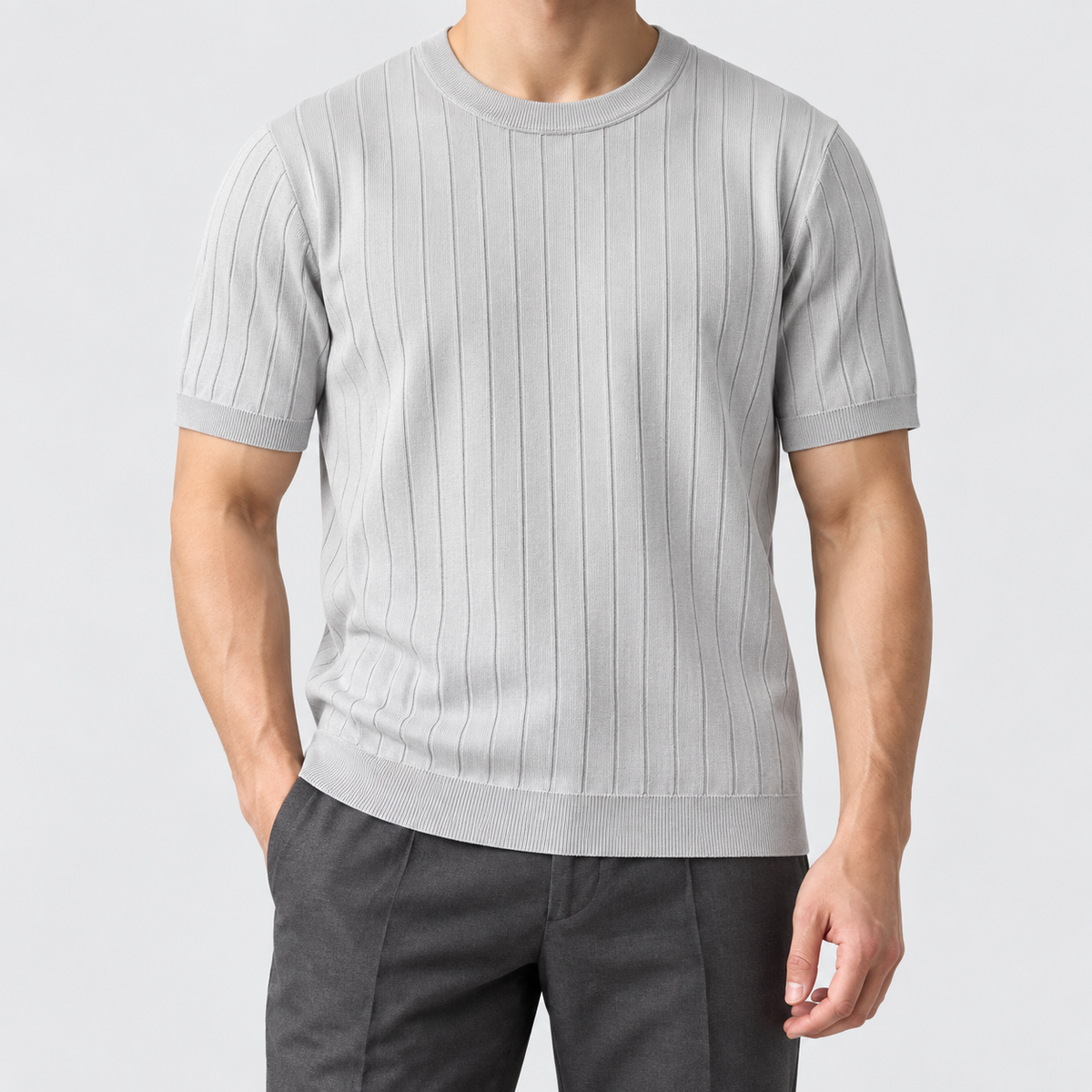 Leo business striped design t-shirt in gray, front worn view