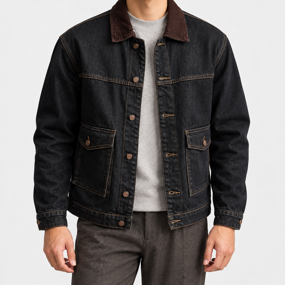 Leo american denim casual jacket in blue black, front worn view
