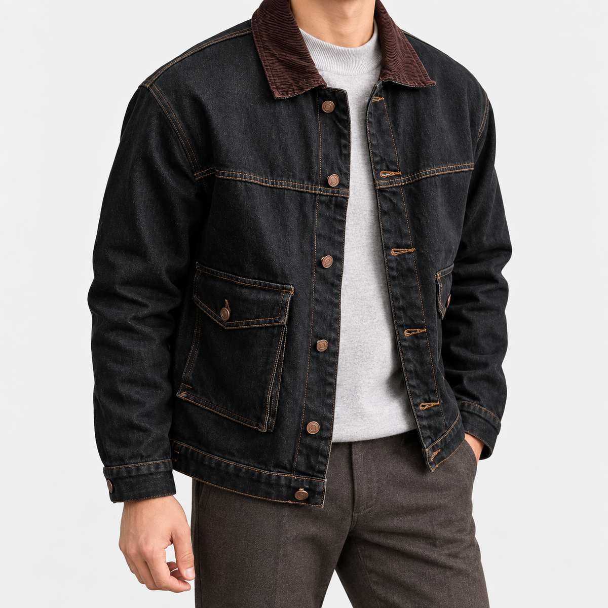 Leo american denim casual jacket in blue black, side worn view