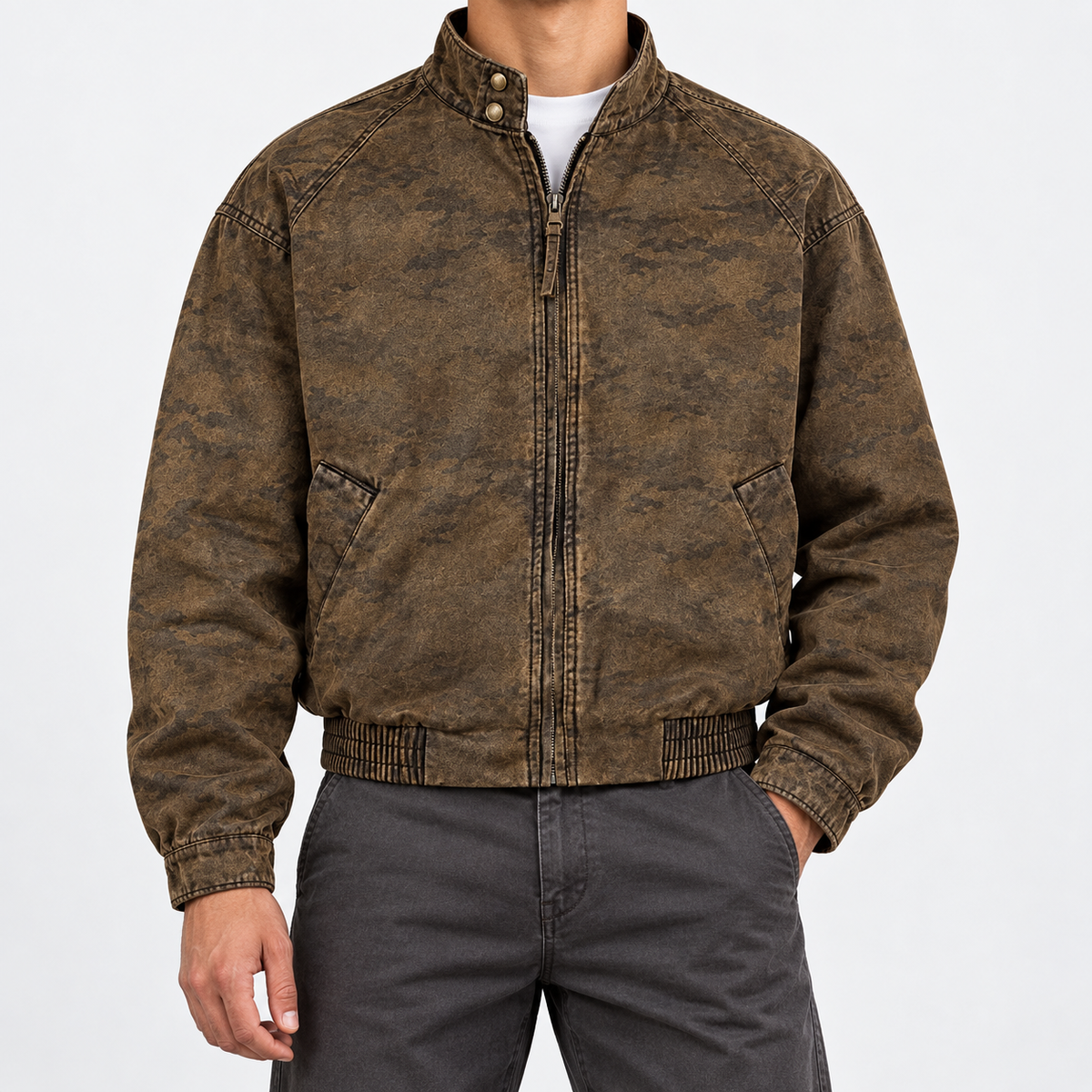 Leo motorcycle cotton casual jacket in coffee, front worn view