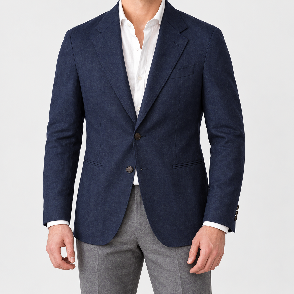 Leo linen cotton blend casual suit jacket in navy blue, front worn view