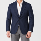 Leo linen cotton blend casual suit jacket in navy blue, front worn view