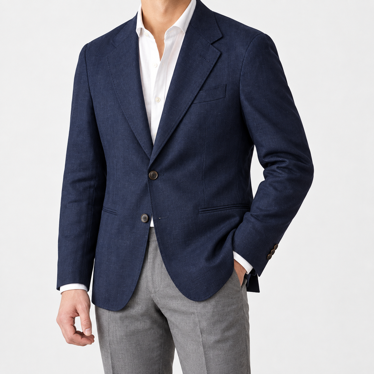 Leo linen cotton blend casual suit jacket in navy blue, side worn view
