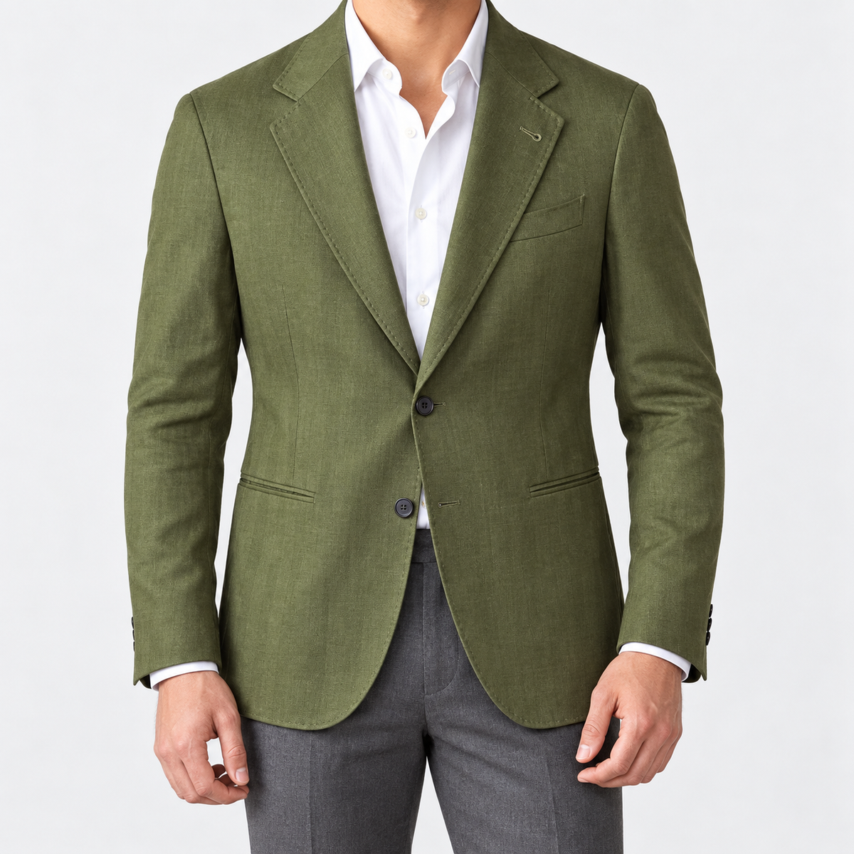 Leo linen cotton blend casual suit jacket in green, front worn view