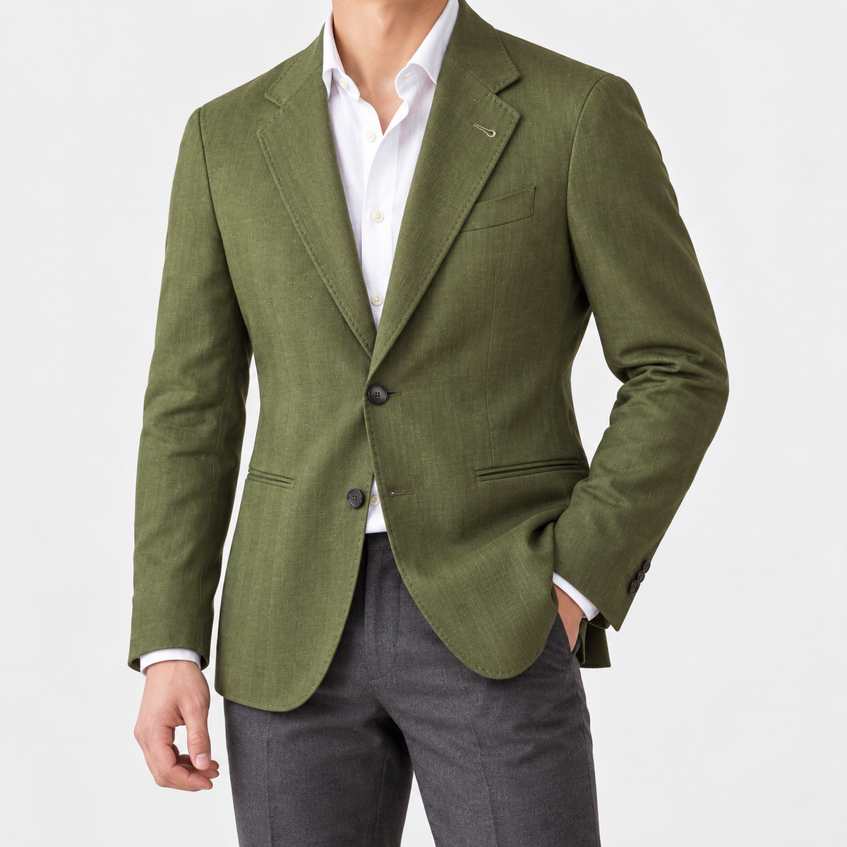 Leo linen cotton blend casual suit jacket in green, side worn view