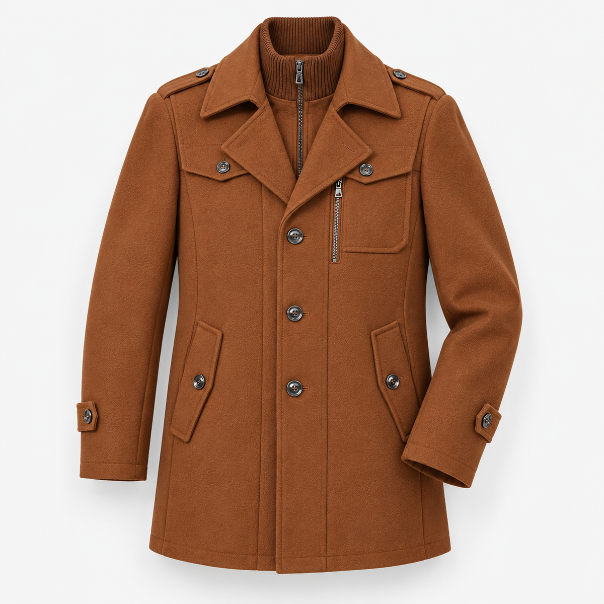 Button front coat with shoulder tabs and zip chest detail in camel — product only