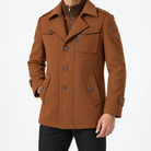 Button front coat with shoulder tabs and zip chest detail in camel — male model front view