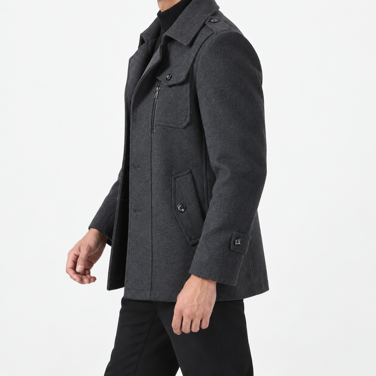 Button front coat with shoulder tabs and zip chest detail in charcoal — male model side view