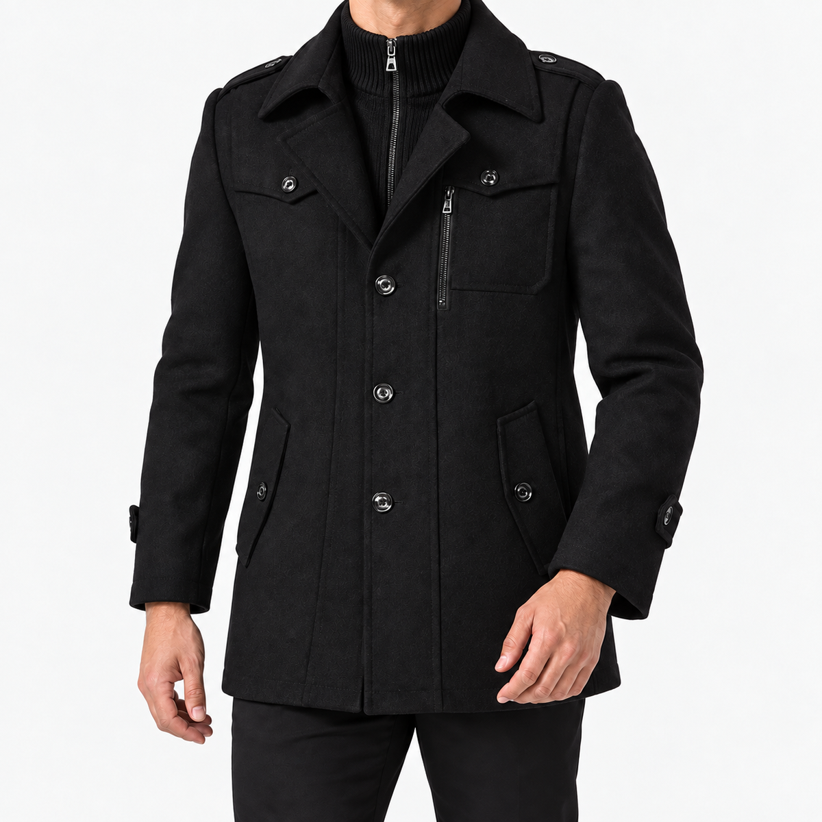 Button front coat with shoulder tabs and zip chest detail in black — male model front view