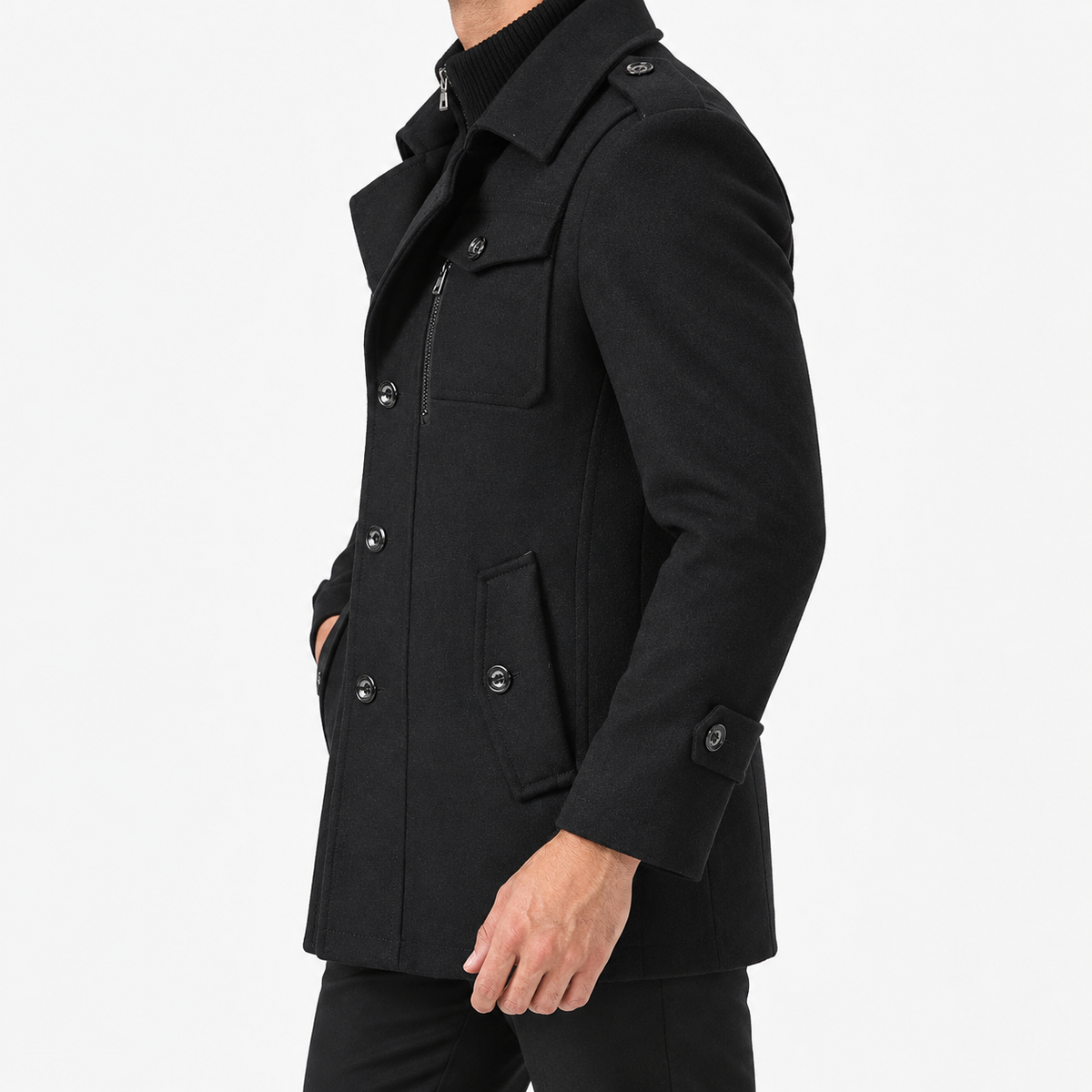 Button front coat with shoulder tabs and zip chest detail in black — male model side view