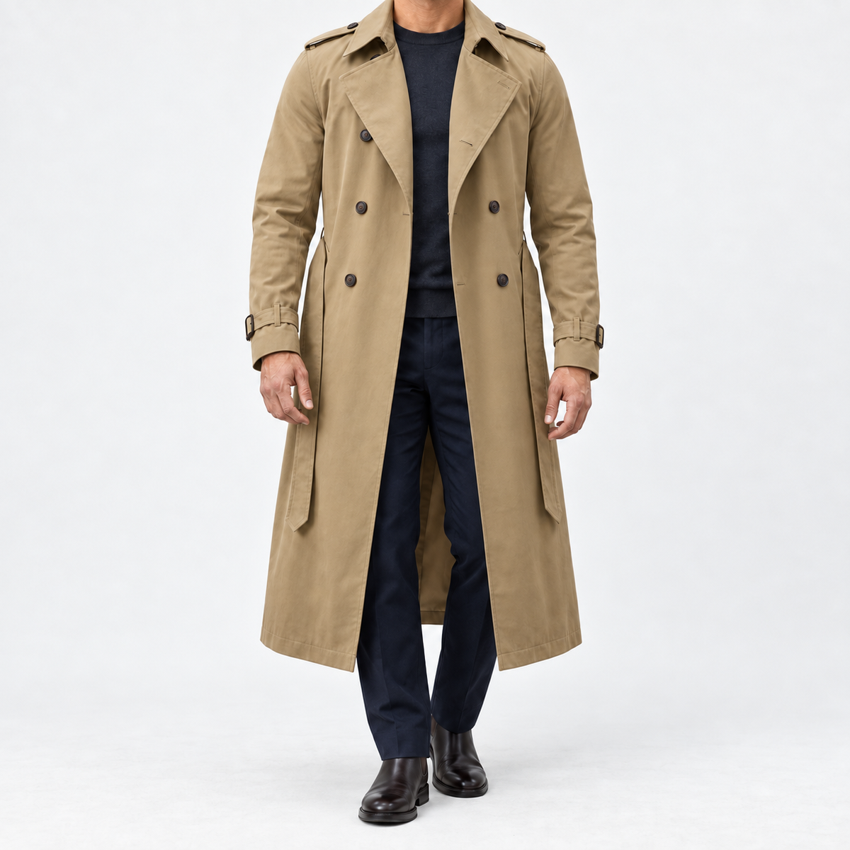 Long double breasted trench coat with a belt in khaki — front view on a male model