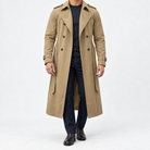 Long double breasted trench coat with a belt in khaki — front view on a male model
