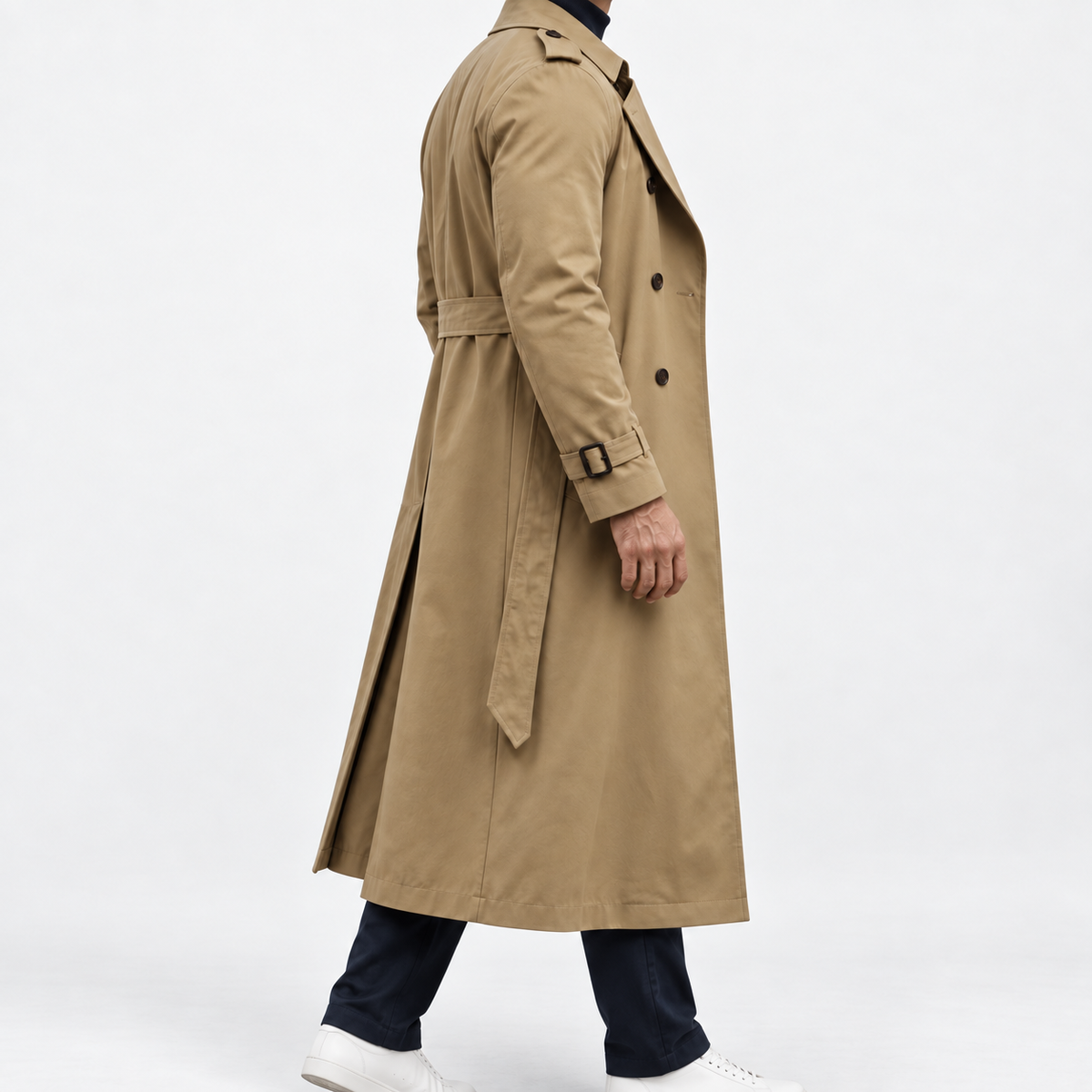 Long double breasted trench coat with a belt in khaki — side view on a male model