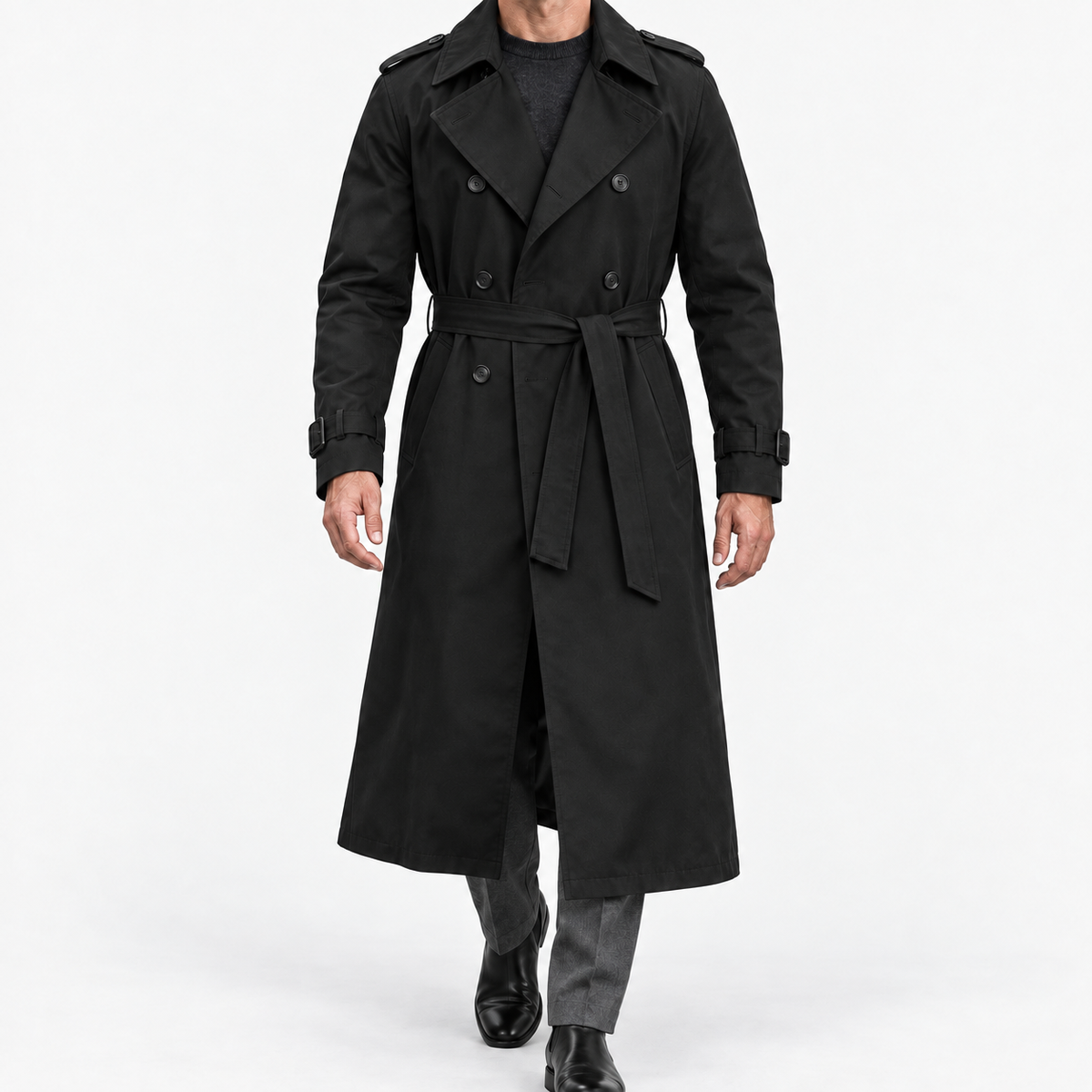 Long double breasted trench coat with a belt in black — front view on a male model