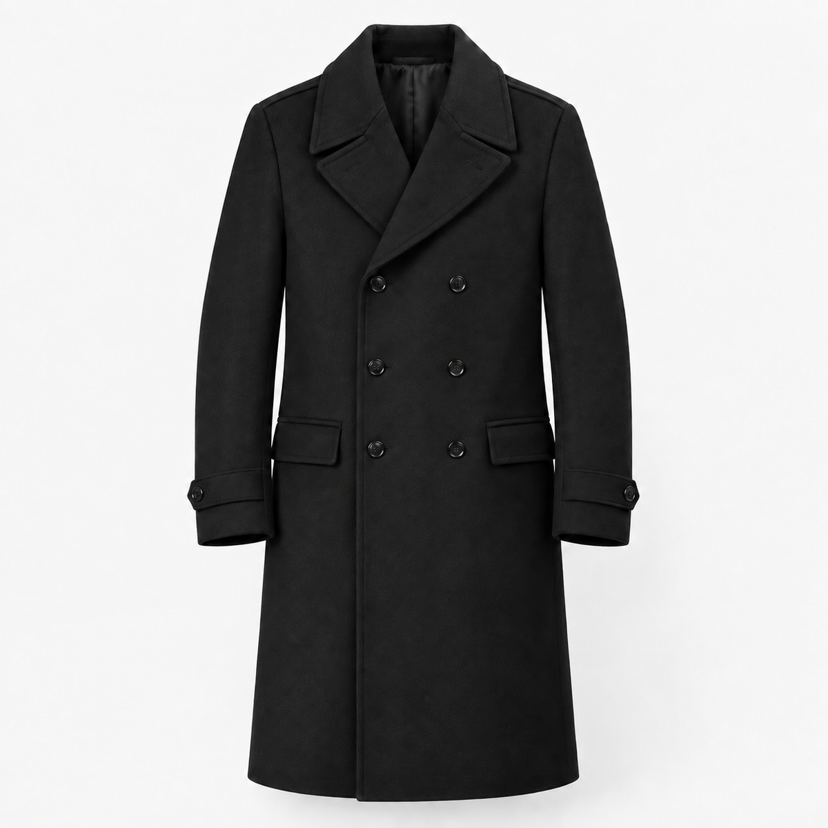 Long double breasted wool blend coat with cuff tabs in black — product only