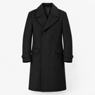 Long double breasted wool blend coat with cuff tabs in black — product only